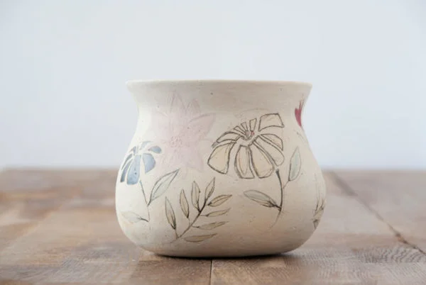 Handmade and hand-painted ceramic vase - floral motifs