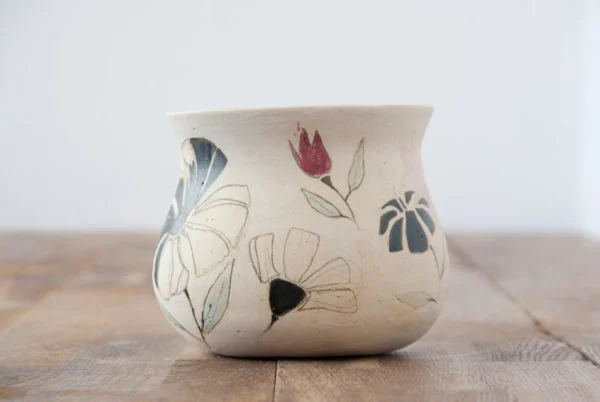 Handmade and hand-painted ceramic vase - floral motifs