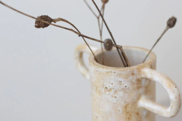 detalle de botella de cerámica con flores secas